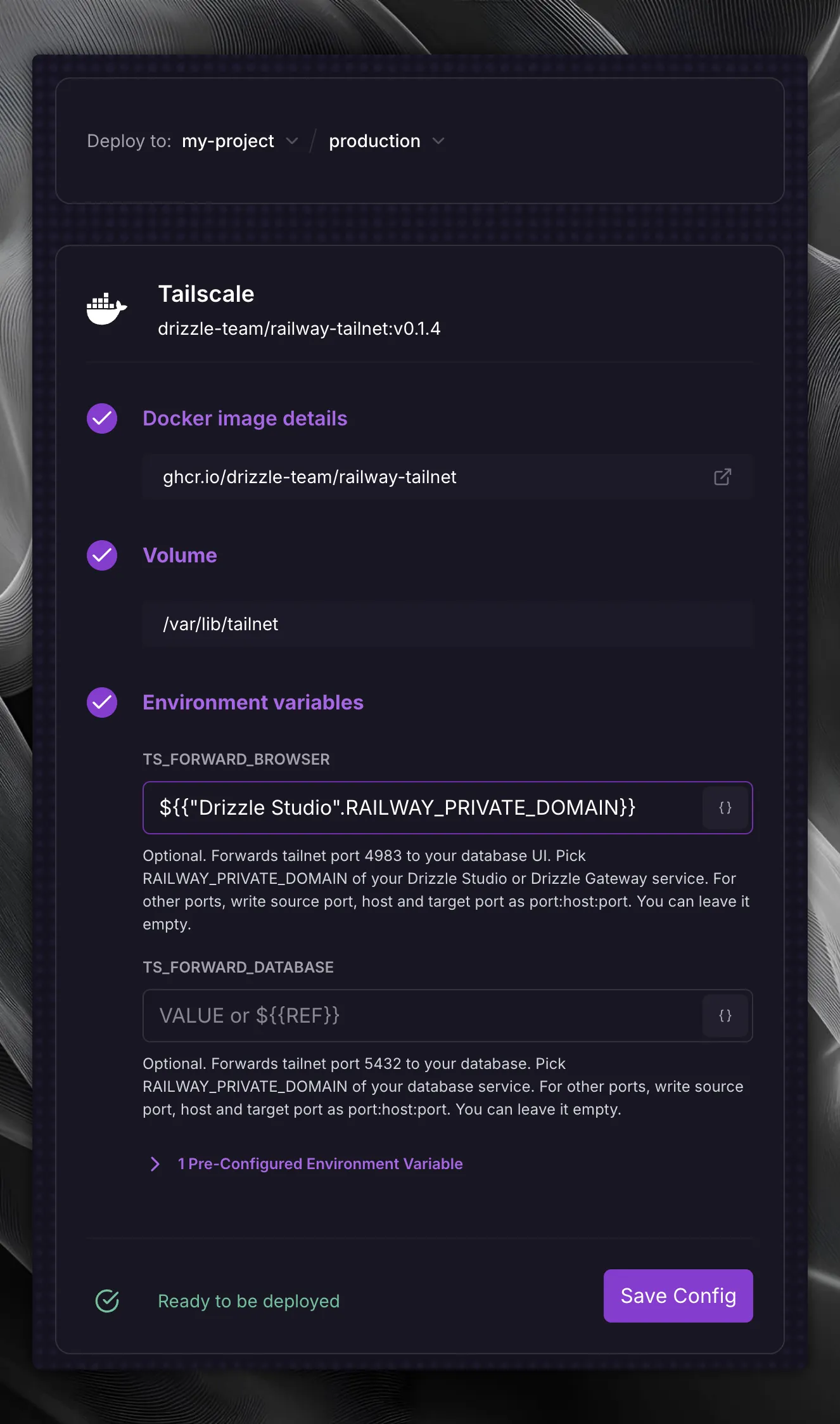 Tailscale for Drizzle deploy form with TS_FORWARD_BROWSER set to a reference to the Drizzle Studio service