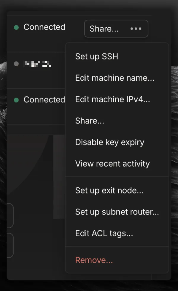Tailscale Machines page menu with Disable key expiry